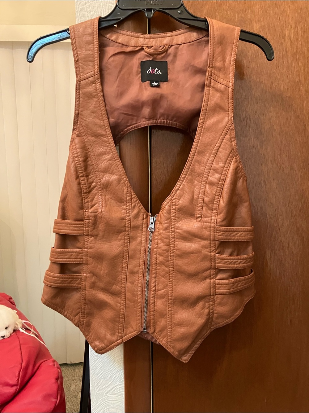 Dots Leather-Look Brown Zip Front Vest